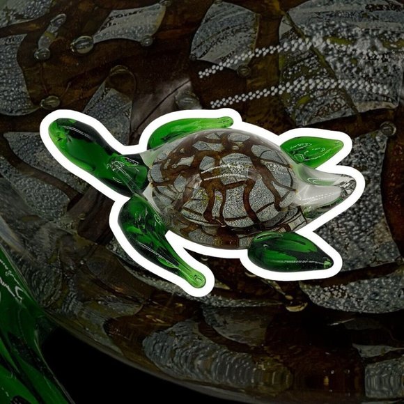 Italian Art Glass Sea Turtle Green Marbled Paperweight Gold Brown Marine - Picture 16 of 16